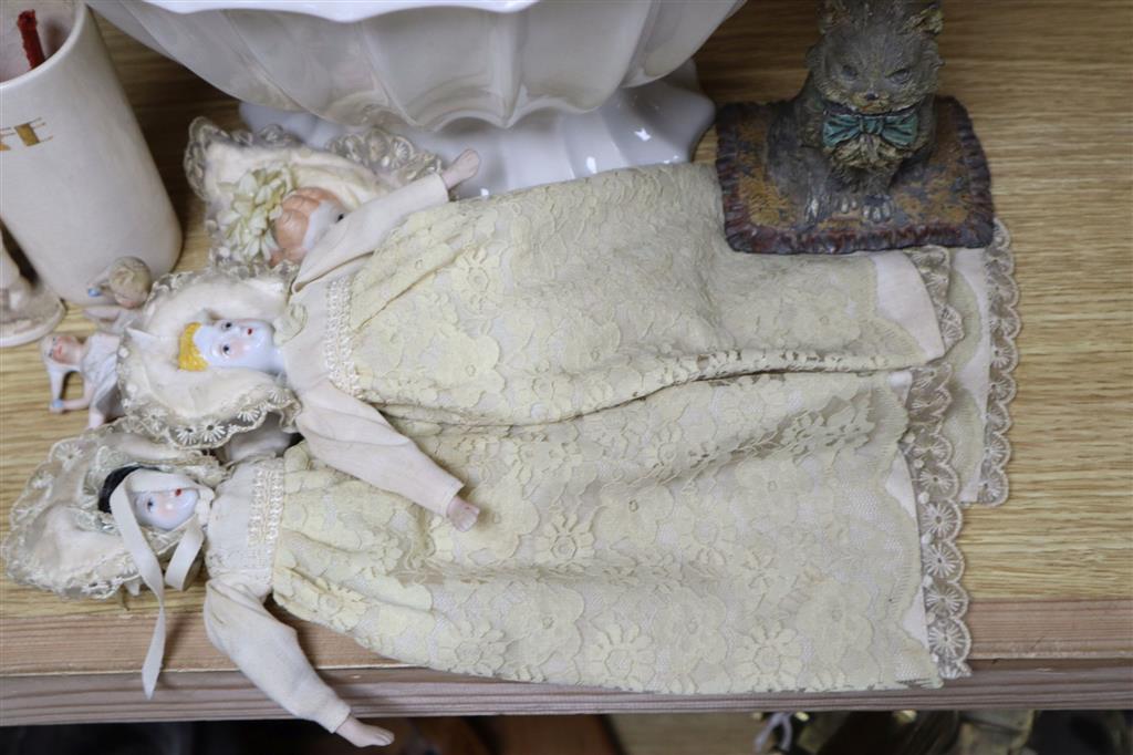 A mixed quantity of collectables to include plated wares, three porcelain headed dolls, small silver, etc.